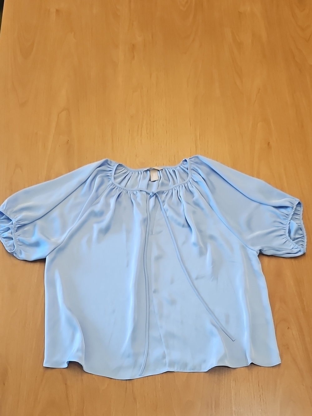 H&M Light Blue Satin Tie-Neck Peasant Blouse